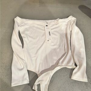 Astr White Ribbed Off-Shoulder Bodysuit